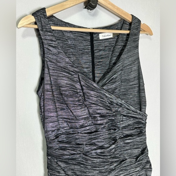 Calvin Klein Sleeveless Silver Metallic Ruched V Neck Lined Back Zip Dress - 4 - Picture 3 of 5